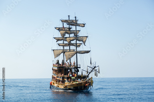 pirate ship with tourists on the sea