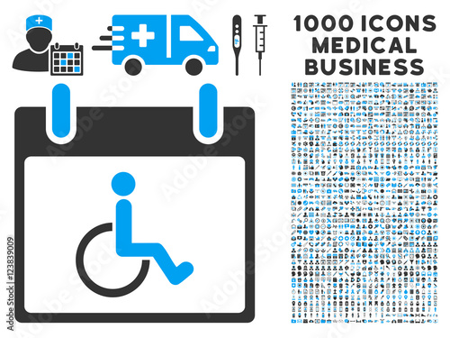 Blue And Gray Disabled Person Calendar Day vector icon with 1000 medical business pictograms. Set style is flat bicolor symbols, blue and gray colors, white background.