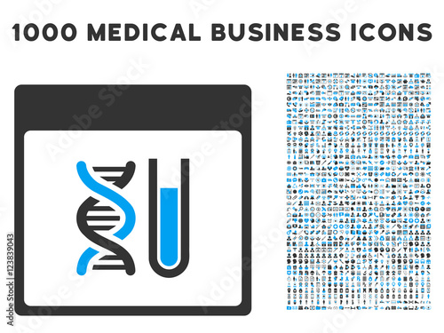 Blue And Gray DNA Analysis Calendar Page vector icon with 1000 medical business pictograms. Set style is flat bicolor symbols, blue and gray colors, white background.