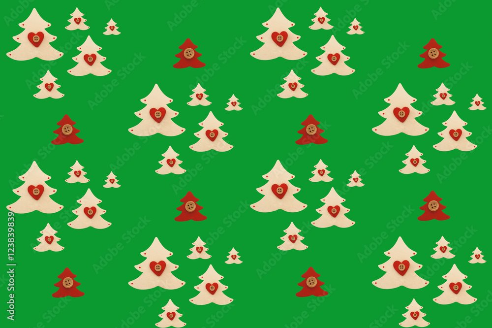 Ornament with Christmas tree and red hearts on a green background. Pattern for wrapping paper. Happy New Years Decorations.