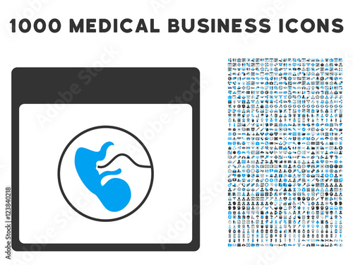 Blue And Gray Human Embryo Calendar Page vector icon with 1000 medical business pictograms. Set style is flat bicolor symbols, blue and gray colors, white background.