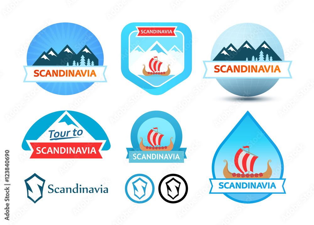 Naklejka premium Set of Logos and Emblem for Travel to Scandinavia
