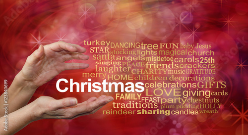 Word Cloud for Christmas - female hands and a CHRISTMAS word cloud on a sparkling glittery red bokeh background