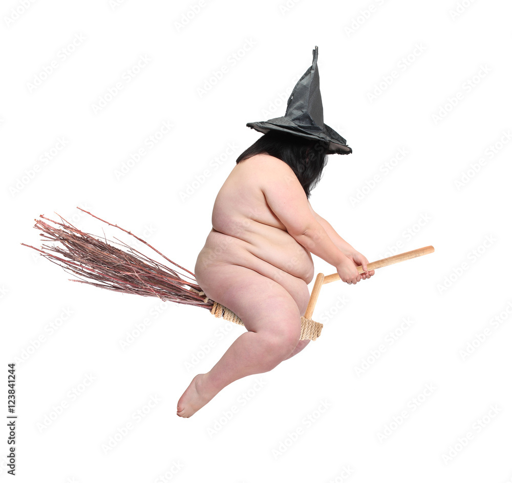 Fototapeta premium Funny obese witch flying on her magic broomstick. Crazy Halloween concept.