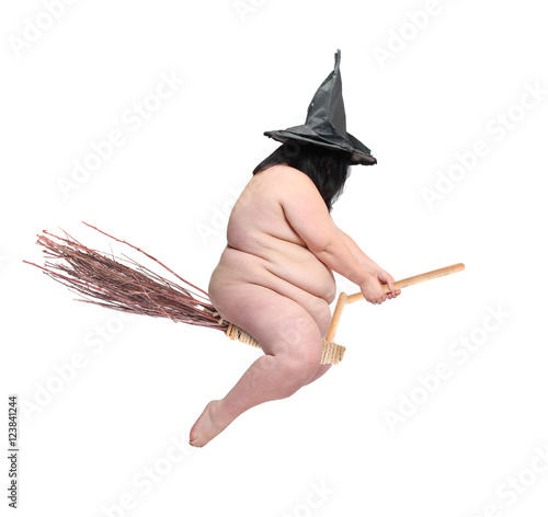 Funny obese witch flying on her magic broomstick. Crazy Halloween concept.