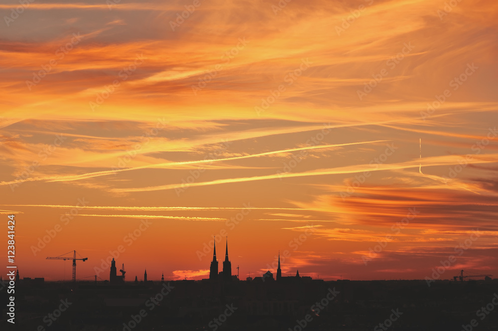 beautiful sunset over city of Wroclaw, Poland