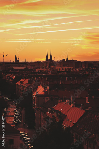 beautiful sunset over city of Wroclaw  Poland