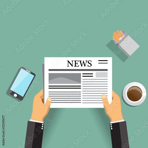 Businessman reading a newspaper with coffee ,smart phone,cigarette vector
