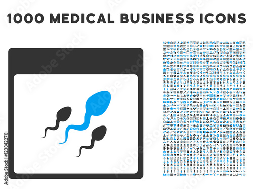 Blue And Gray Spermatozoids Calendar Page vector icon with 1000 medical business pictograms. Set style is flat bicolor symbols, blue and gray colors, white background.