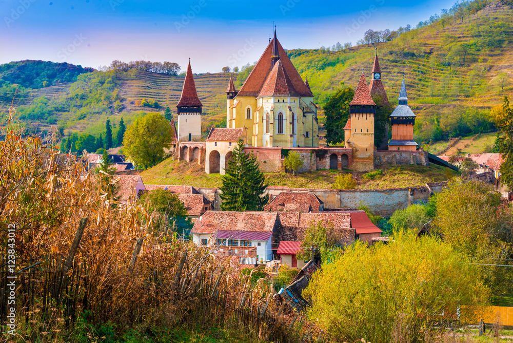 Naklejka premium Beautiful medieval architecture of Biertan fortified church in Sibiu, Romania protected by Unesco World Heritage Site