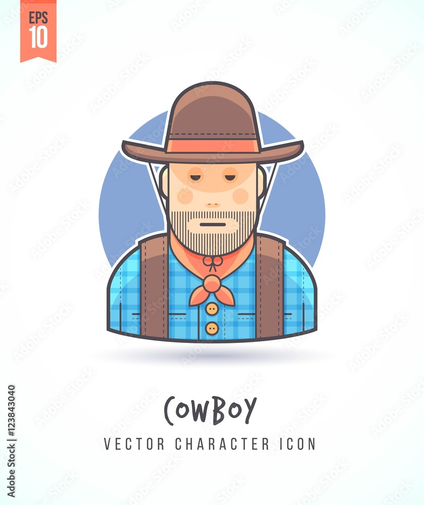 American cowboy Man in hat and bandana illustration People lifestyle and occupation Colorful and stylish flat vector character icon