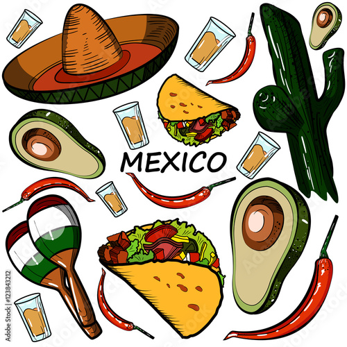Hand drawn doodle Mexico set