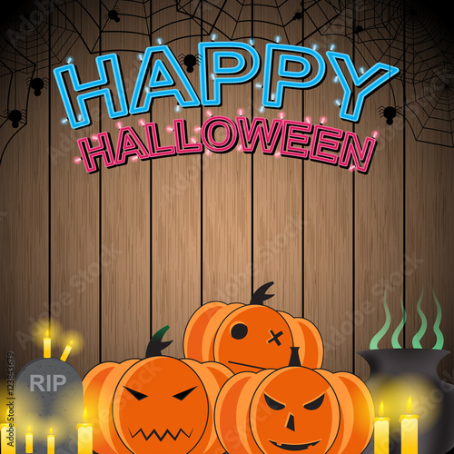 Happy halloween neon style on wood background