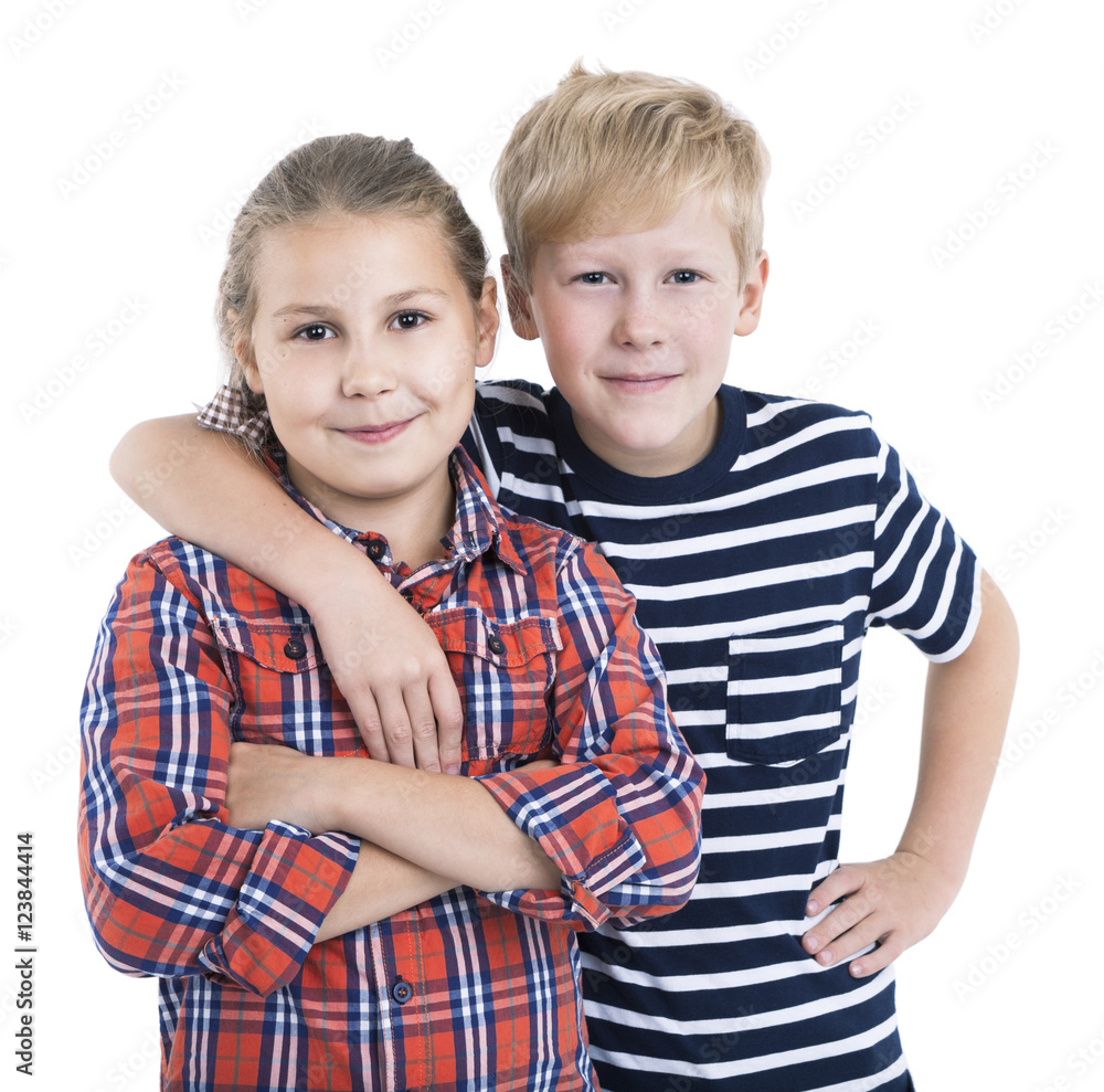 An eight age two children standing and embracing together, isolated white  background Stock Photo | Adobe Stock