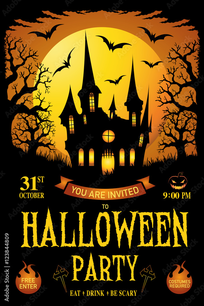 Halloween. trick or treat. Vector illustration. Happy Halloween Poster. Haunted house halloween background. Happy halloween card. Halloween party flyer with pumpkins, tree in front of scary castle. Векторный объект Stock