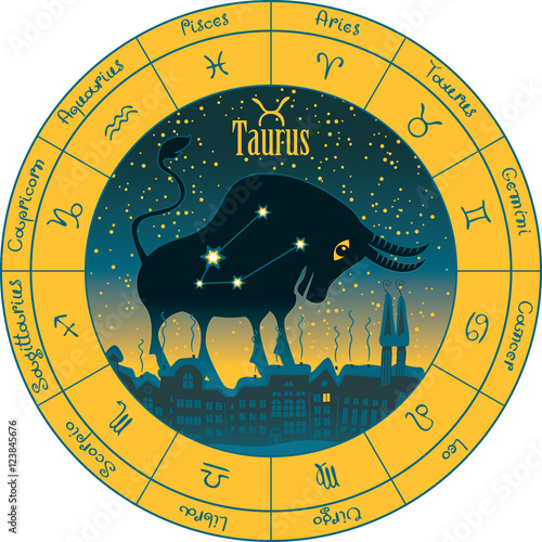 taurus on the background urban night landscape and the starry sky in circle with the signs of the zodiac