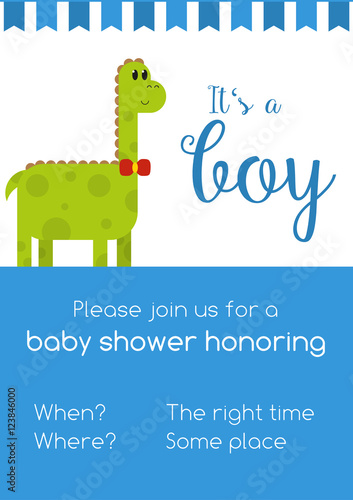 Blue and white invitaion for boy baby shower honoring with template text - to be replaced with your info, with cute green male dinosaur and text It's a girl