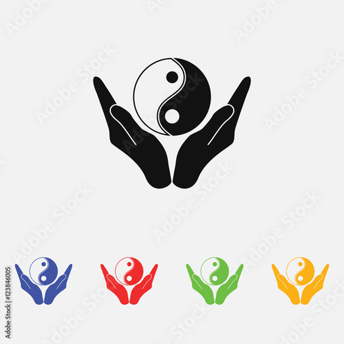 Vector illustration of hands holding yin yang symbol. Religion icon. Silhouette. Flat style.