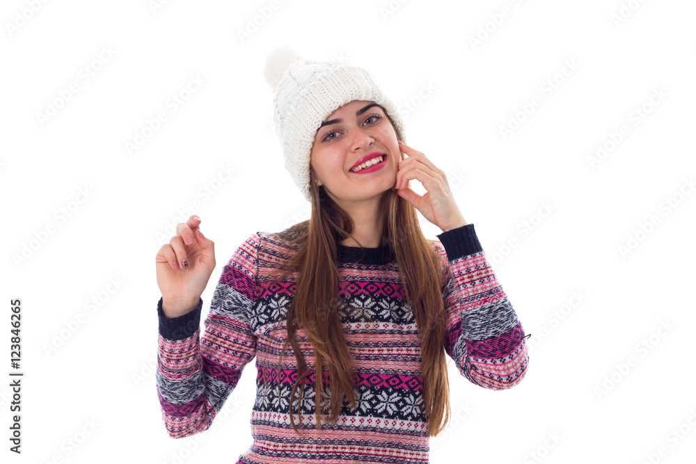 Woman in sweater and white hat Woman in sweater and white hat