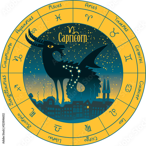 capricorn on the background urban night landscape and the starry sky in circle with the signs of the zodiac