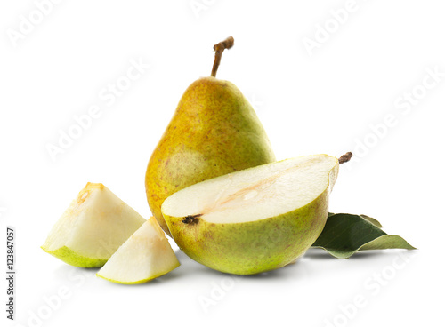 Yellow pear with slices on white background