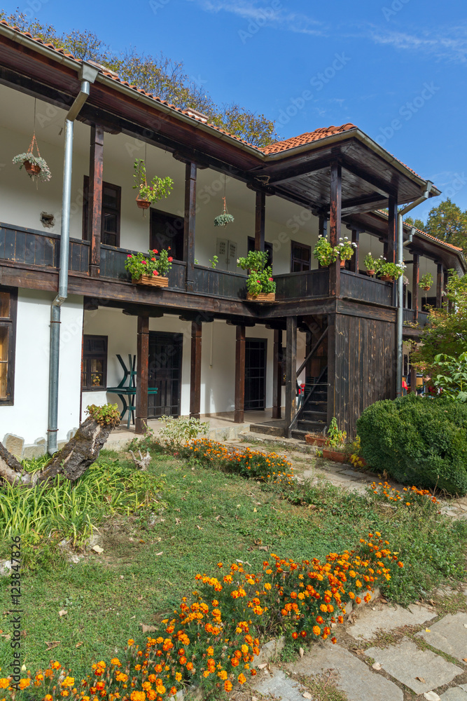 Courtyard and 19th century residential buildings in Zemen Monastery, Pernik Region, Bulgaria