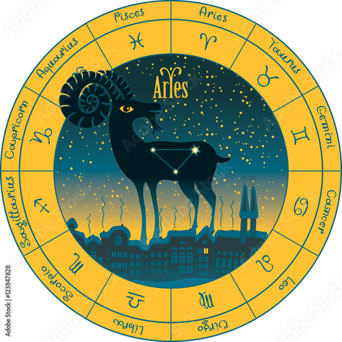 Aries on the background urban night landscape and the starry sky in circle with the signs of the zodiac