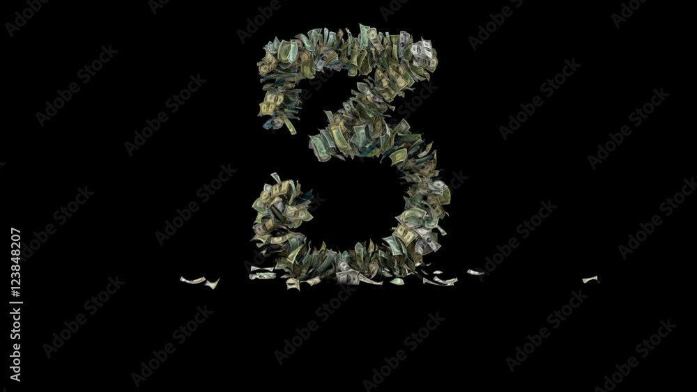 3d rendered animation of the digit 3 made out of 1, 5, 20, 50 and 100 dollar bills. Intro / idle / out 3d rendered animation of the digit 3 made out of 1, 5, 20, 50 and 100 dollar bills. Intro / idle / out