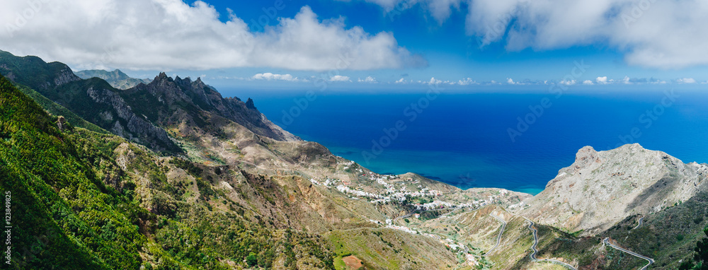 Mountain landscape with the ocean on tropical island Tenerife, Canary in Spain.