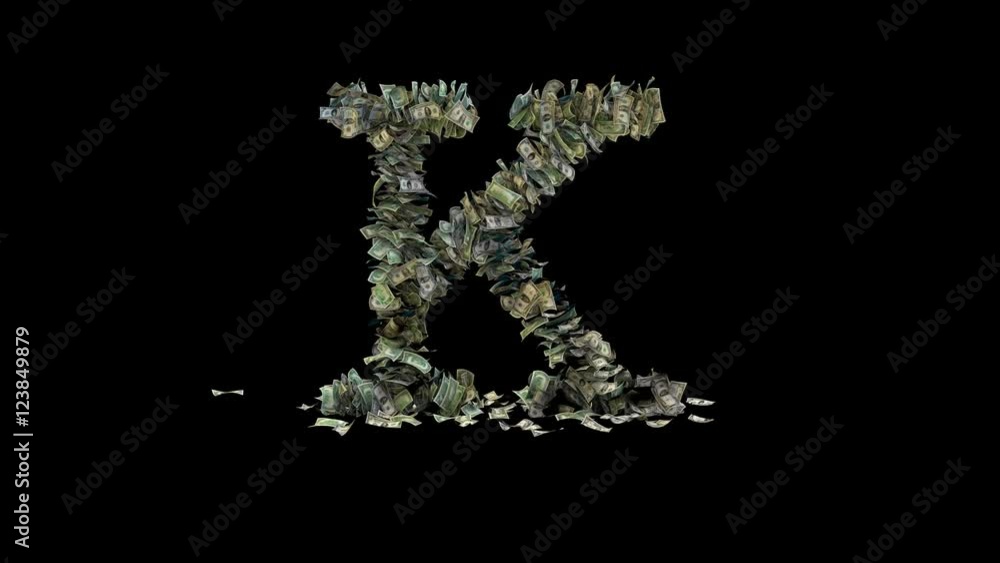 3d rendered animation of the letter K made out of 1, 5, 20, 50 and 100 dollar bills. Intro / idle / out 3d rendered animation of the letter K made out of 1, 5, 20, 50 and 100 dollar bills. Intro / idle / out