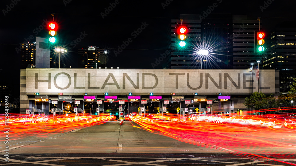 Holland Tunnel toll booth by night. The Holland Tunnel is a highway