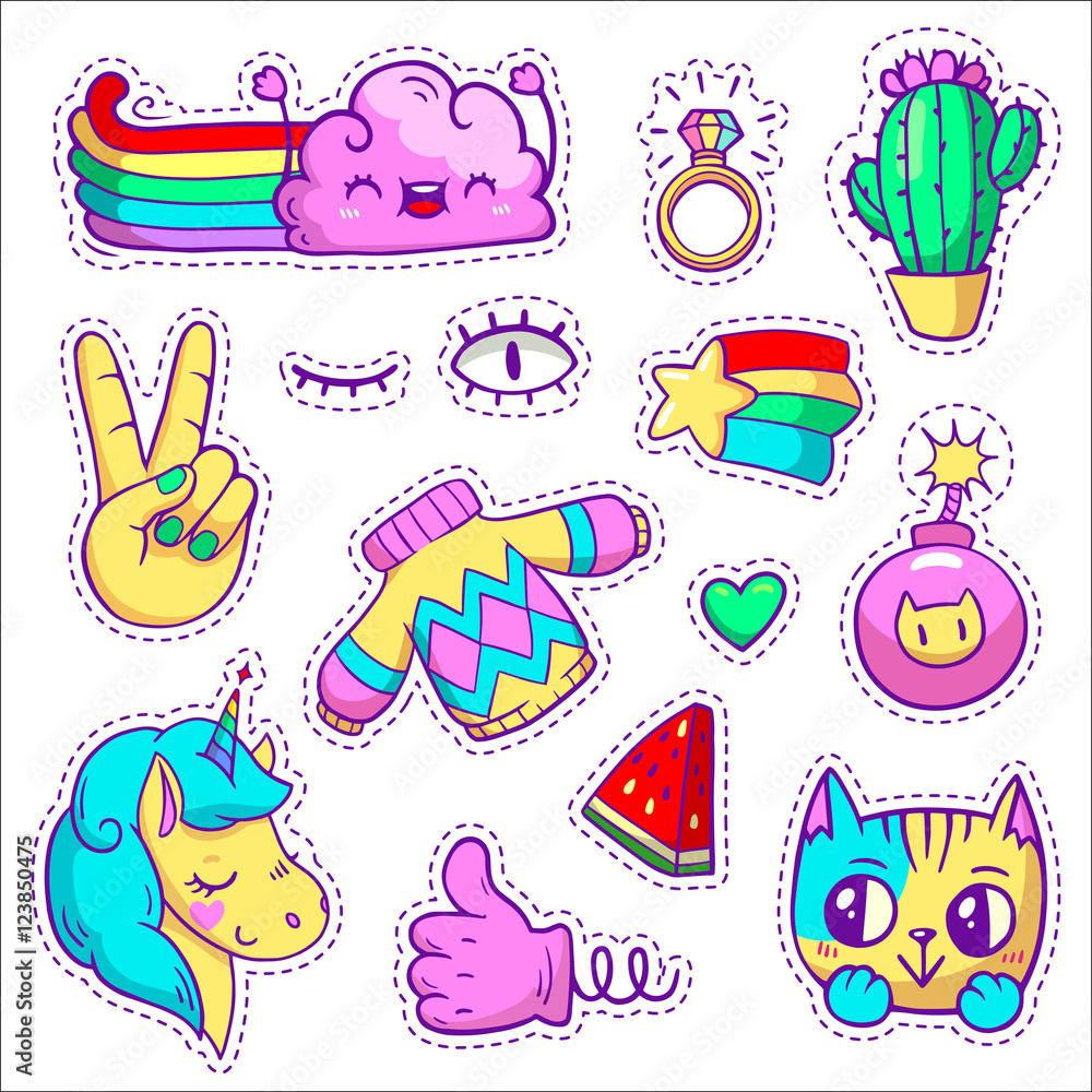 Vector neon patch badges with animals, characters and things. Hand-drawn stickers, pins in cartoon 80s-90s comics style. Set with unicorn, cloud, cat, cactus, watermelon, etc. Peace hand. Thumbs-up.