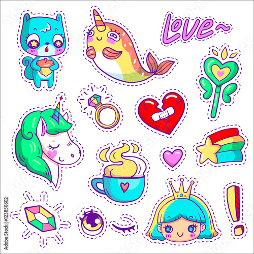 Neon vector patch badges with animals, characters and things. Hand-drawn stickers, pins in cartoon 80s-90s comics style. Set with cute unicorn, narwhal, squirrel, princess, magic wand, etc.