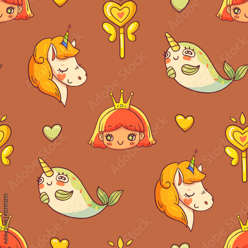 Fairytale seamless pattern for girls with princess  unicorn  narwhal  magic wand and heart in vector. Hand drawn design for print  wrapping  fabric  paper etc. Cute girlish cartoon doodle characters.