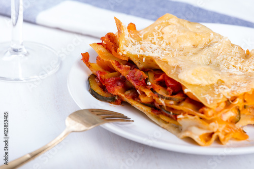 Vegetarian lasagne on the plate photo