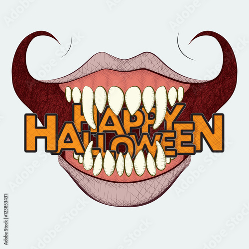 A hand drawn style vector illustration of a sinister grin holding the text "Happy Halloween" between its long, sharp teeth.