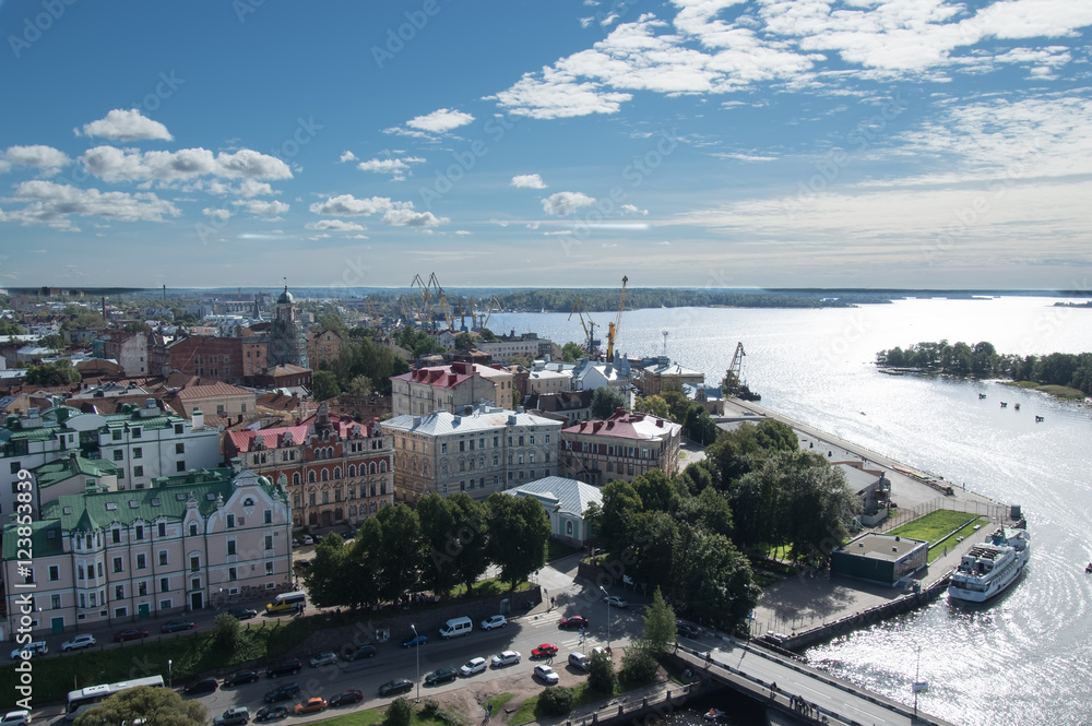 Views of the Gulf of Finland and Vyborg port from the lookout tower in Vyborg, Russia