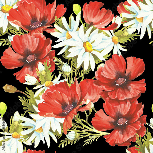 Delicate seamless pattern with poppies and chamomiles.Watercolor.