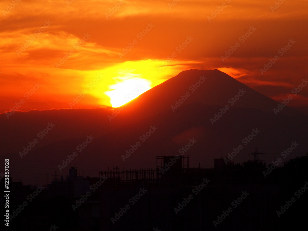 富士山の尾根に架かる夕日/山頂に架かるダイヤモンド富士から２，３日後に見られます。日をボールに例え転がるように見てゴロゴロ富士と呼ばれます。およそ９０ｋｍの距離。