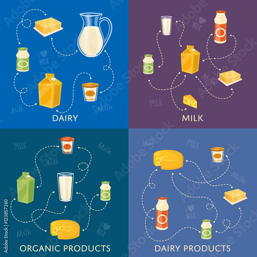 Four dairy banners with different milk products compositions isolated on color background, vector illustrations. I love milk concept. Nutritious and healthy products. Organic farmers food.