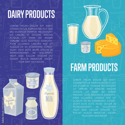 Dairy products vertical flyers with different milk composition isolated on blue background, vector illustrations with space for text. Nutritious and healthy products. Organic farmers food.