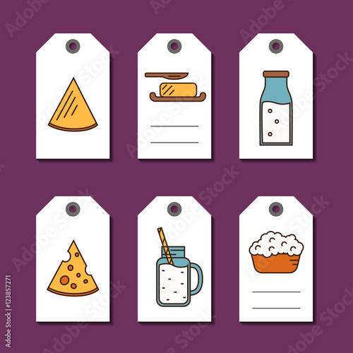 Price tags with dairy products icons in line style design on white background, vector illustration. Natural and healthy food. Traditional farmers products. Organic shop labels.