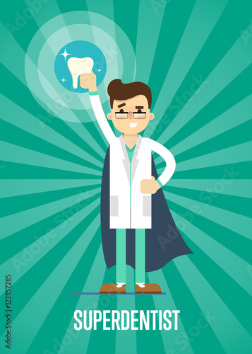 Male cartoon dentist in medical uniform and superhero blue cape holding big tooth on green striped background, vector illustration. Dental office banner. Oral hygiene, tooth health, dental care.