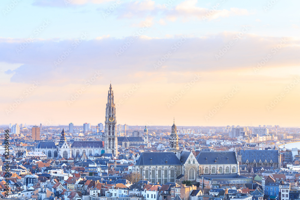 View over Antwerp with cathedral of our lady taken