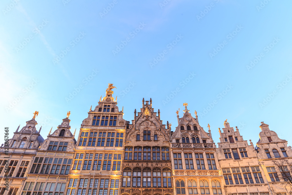 Typical houses in the city of Antwerp at sunset