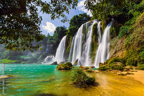 Bangioc waterfall in Caobang, Vietnam - The waterfalls are located in an area of mature karst formations were the original limestone bedrock layers are being eroded.
