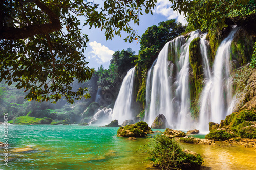 Bangioc waterfall in Caobang  Vietnam - The waterfalls are located in an area of mature karst formations were the original limestone bedrock layers are being eroded.