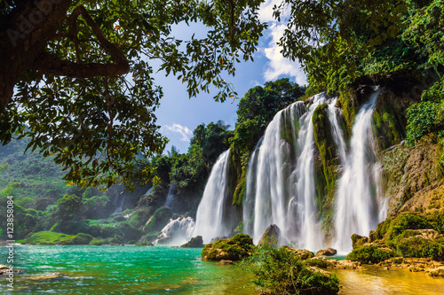 Bangioc waterfall in Caobang  Vietnam - The waterfalls are located in an area of mature karst formations were the original limestone bedrock layers are being eroded.