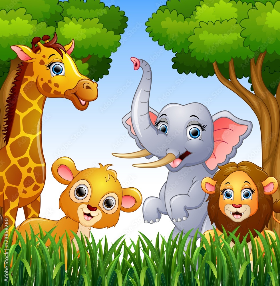 Naklejka premium Kolekcja zwierząt kreskówek w dżungli