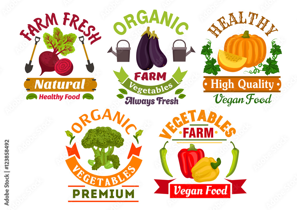 Fresh farm organic vegetables badges set